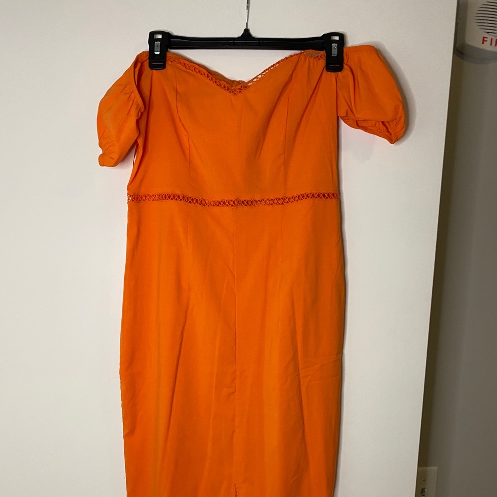 Prettylittlething orange off shoulder puff dress